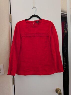 Deep orange linen J Crew top blouse, 8, fringe and French knot details